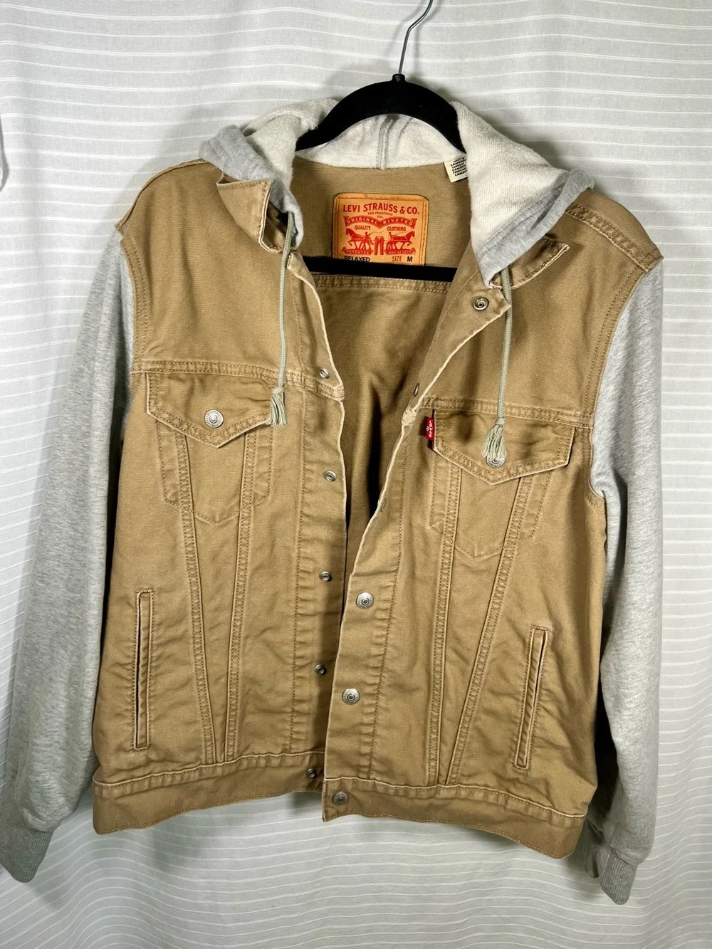 Levi's Tan hybrid hoodie Trucker Jacket with Gray Hooded Sleeves tigers eye